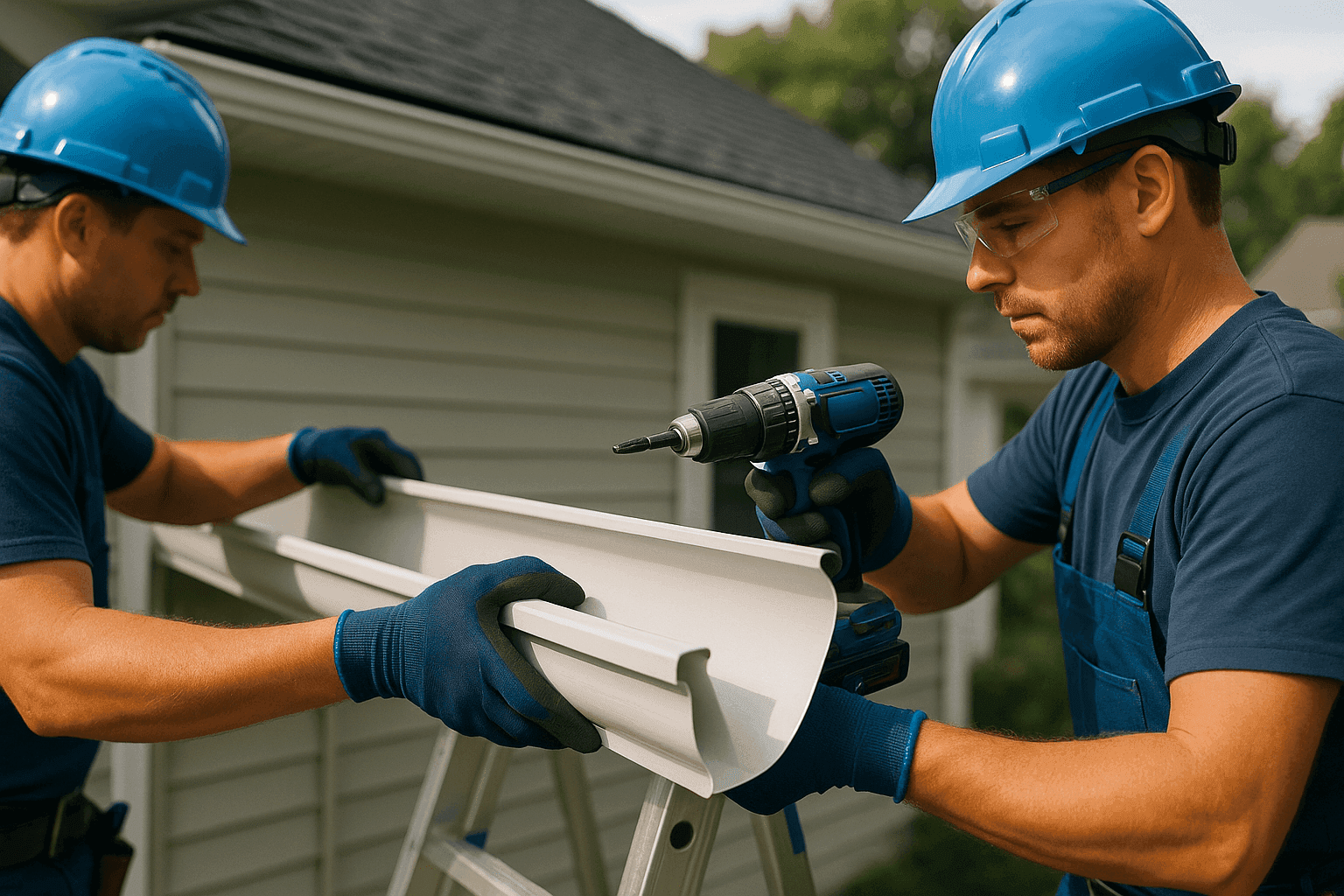 Two workers installing seamless alunum gutters on a residential home exterior with safety gear in Sutherland