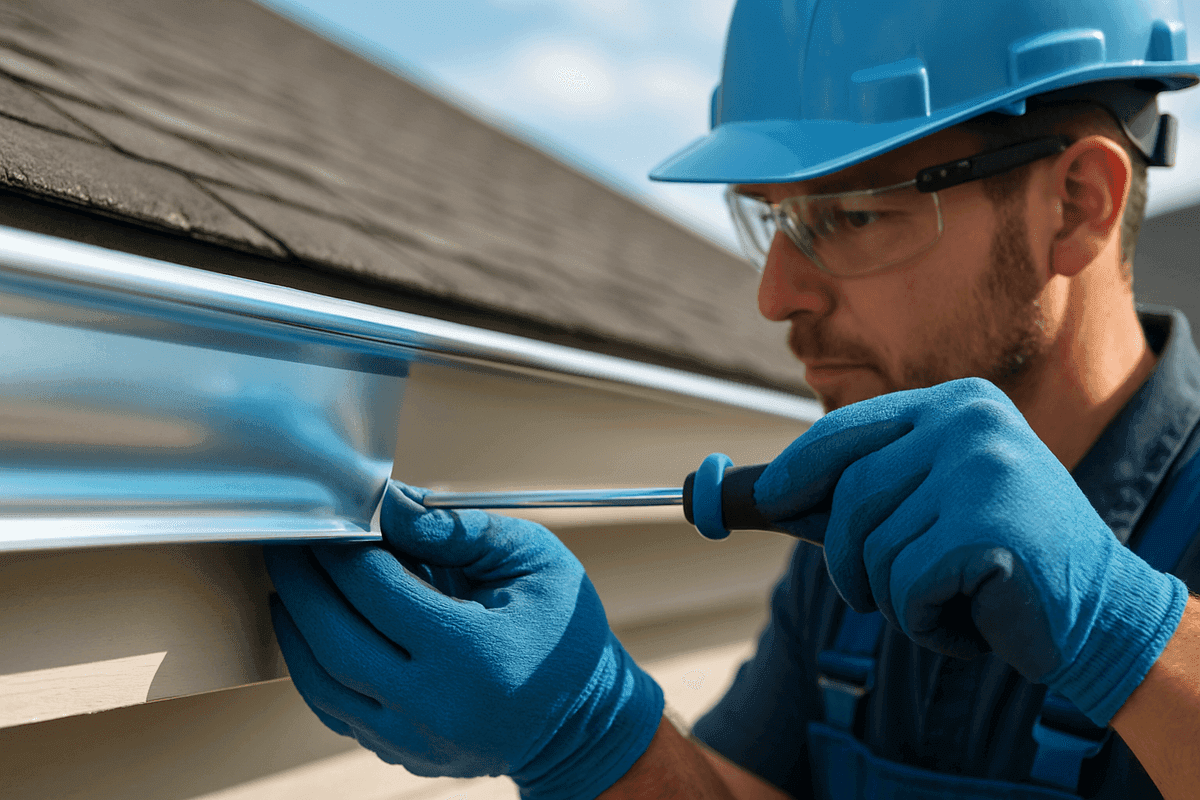 Close-up of gloved hands fitting seamless alunum gutter on a residential roof edge in Sutherland