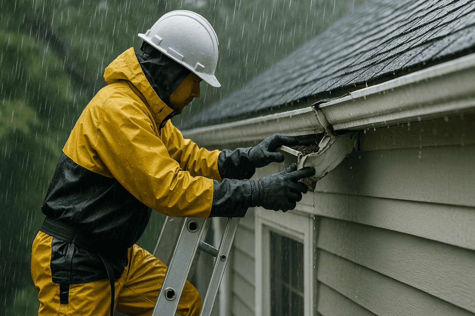 Rain-soaked technician inspecting a damaged gutter during a storm