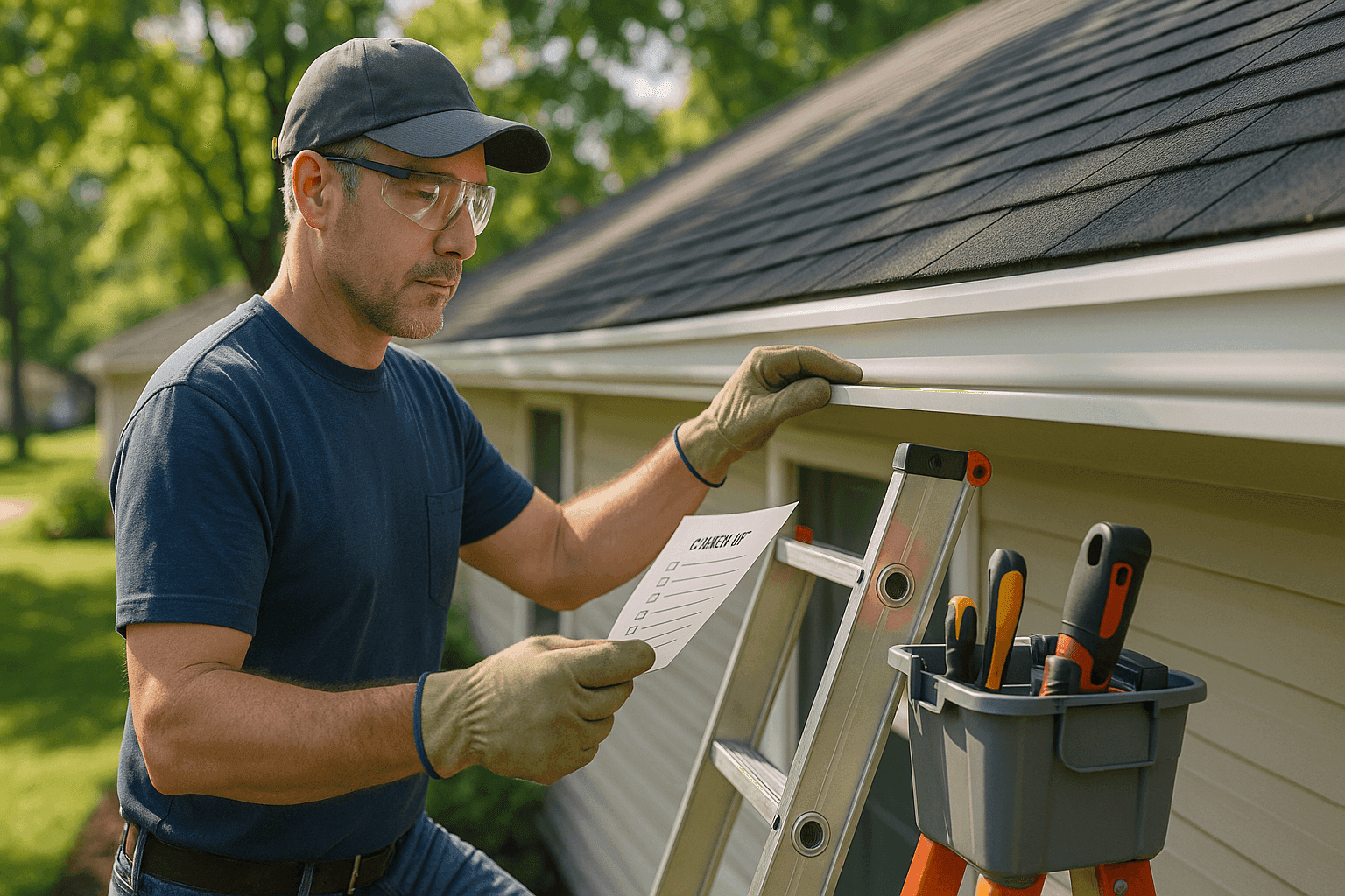 Homeowner checking clean gutters against a maintenance checklist