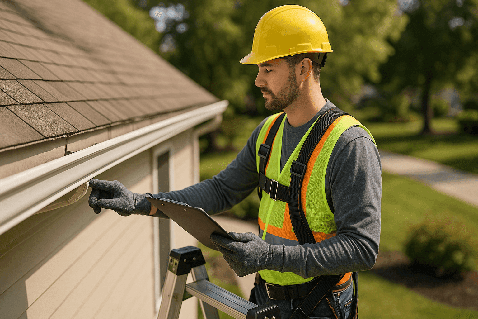 Technician following a gutter maintenance checklist on a sunny residential property
